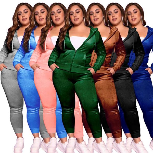 

women's plus size tracksuits casual sweatsuit hoodie velvet zipper coat leggings pants women two piece set, Black