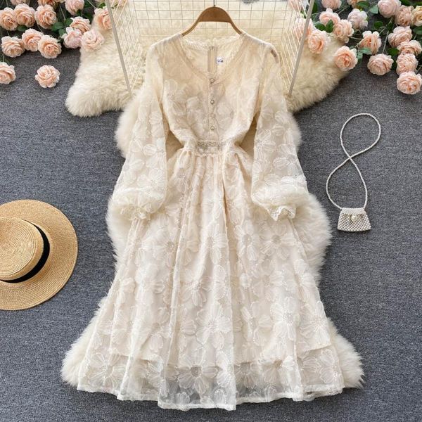 Vestidos casuais elegantes V Nech Women Lace Dress Temperamento Slim Slave Longa A-Line Midi Spring 2022 Evening Lady Party Fairy Dressescasual