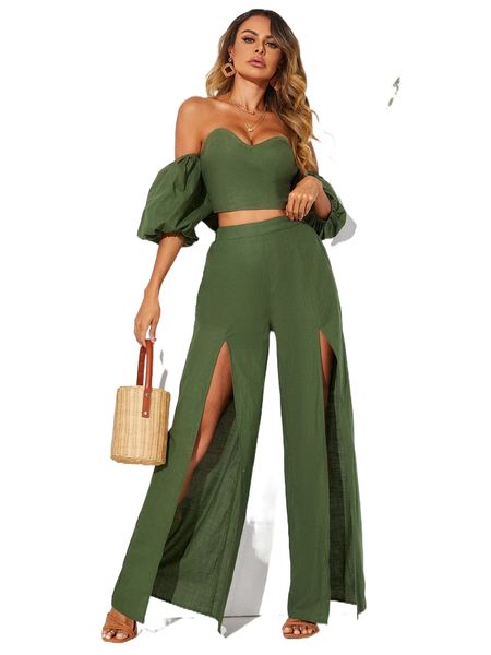 

tall off shoulder lantern sleeve crop & split thigh wide leg pants 93bf#, White