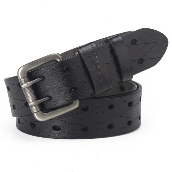

mens leather double needle buckle classic tow row hole jeans belt cowboy, Black;brown