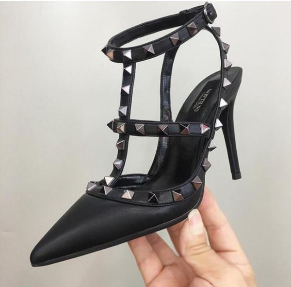 

fashion designer pumps women's sandals 2023 luxury brand stiletto rivets sandals summer female party runway shoe and sandal 10cm, Black
