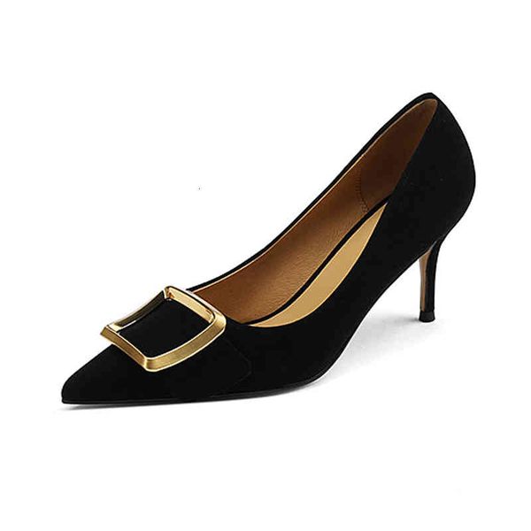 

dress shoes autumn and winter women's shoes pointed thin high heels square buckle metal sheepskin fashion commuting shallow mouth singl, Black