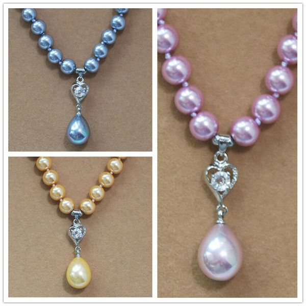 

long 14&quot-24&quot 8mm south sea shell pearl round beads drop pendant 12x16mm necklace, Silver