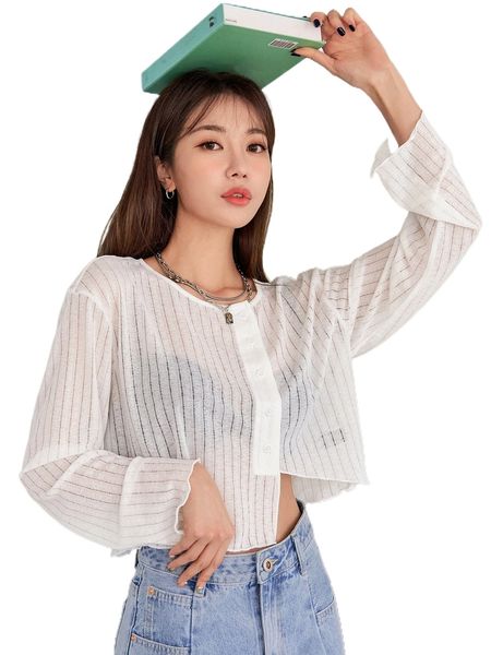 

dazy button front asymmetrical hem sheer f2vs#, White