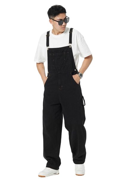 

men patched pocket strap detail denim overalls without tee x7ah#, Blue
