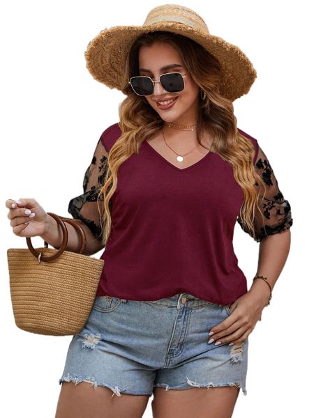 

plus floral mesh sleeve tee b4n5#, Black