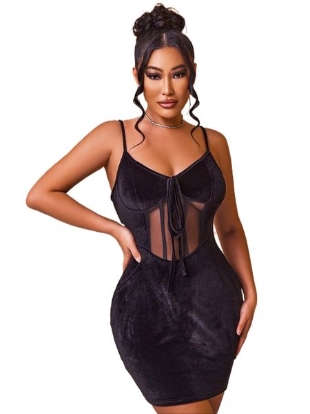 

sxy mesh panel knot front cami bodycon dress i1au#, Black;gray