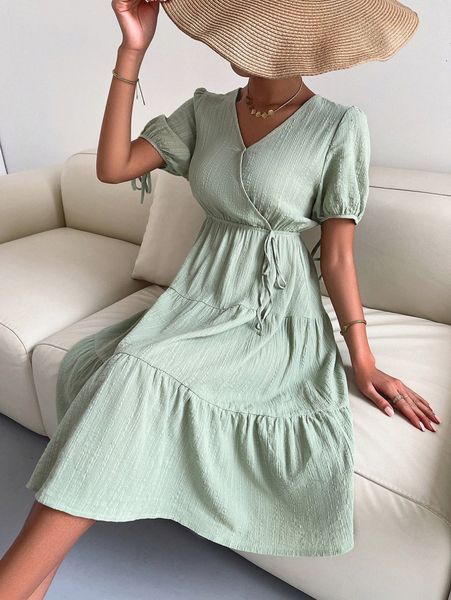 

surplice neck puff sleeve knot ruffle hem dress 817e#, Black;gray