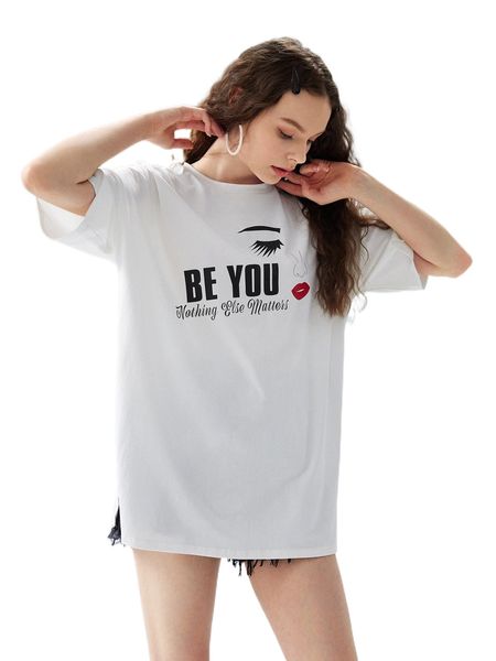 

x empower you slogan & figure graphic longline tee 22m5#, White