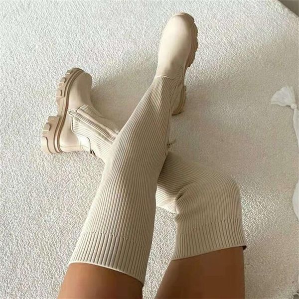 

flats shoes thick sole boots autumn winter breathable knitting upper women thigh high boots stretch round toe black boots 220316318d
