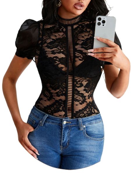 

sxy puff sleeve mock neck lace without bra o5xo#, White