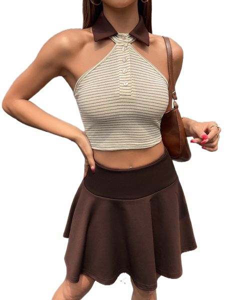 

striped button front halter & skirt w4dx#, White