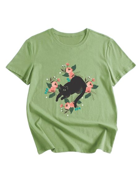 

romwe x heybeeart floral & cat graphic tee j4oe#, White