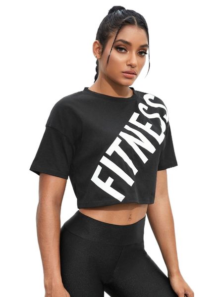

letter graphic drop shoulder crop sports tee m50e#, Gray