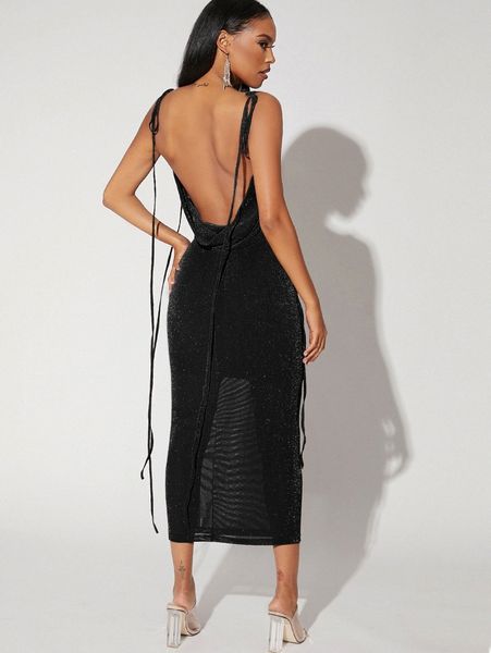 

club tied shoulder backless glitter dress d3y9#, Black;gray