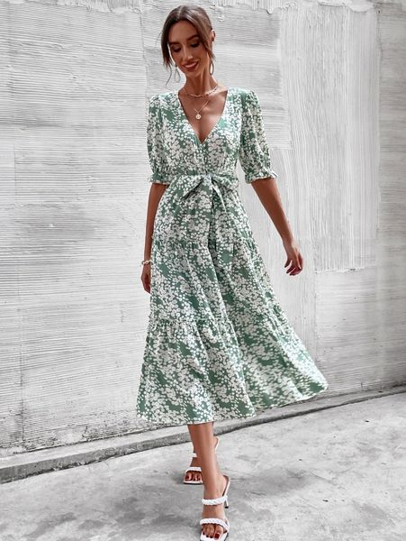 

ditsy floral flounce hem dress c0sg#, Black;gray