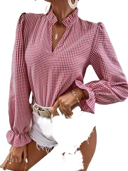 

gingham flounce sleeve frilled neck blouse a6kz#, White