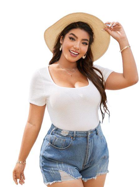 

plus solid scoop neck tee d8ra#, Black