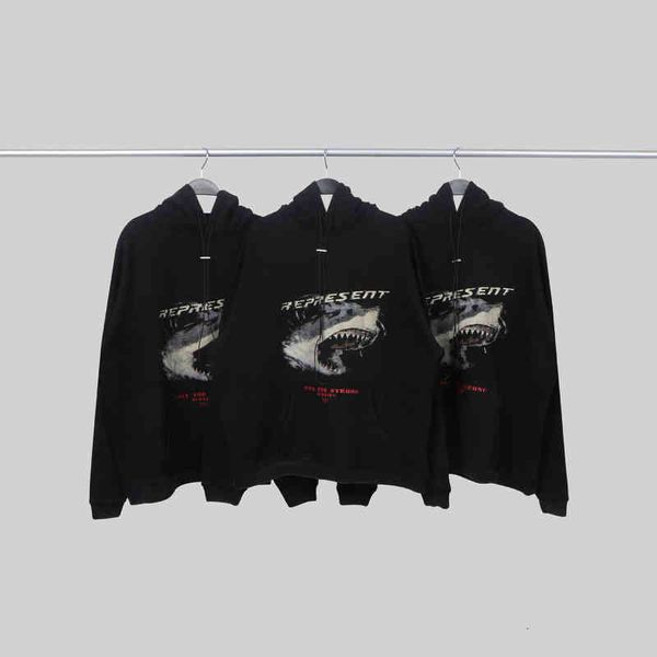 

shark repeat wash old trend loose tide brand high street hip hop men's and women's hoodie, Black