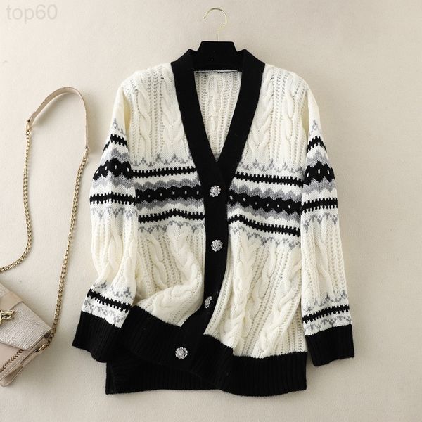 

women's knits & tees designer moc0 diamond geometric jacquard wool blended knitted cardigan women's medium long loose silver v-nec, White