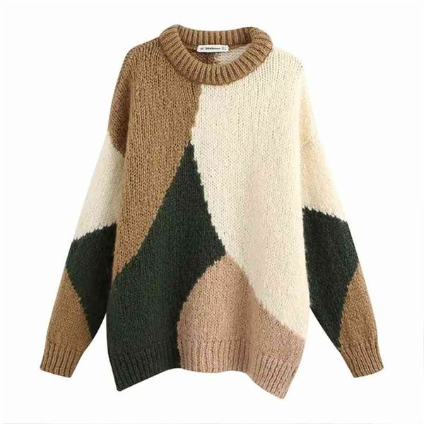 

women autumn patchwork loose sweaters long sleeve o neck pullovers knitted female fashion street sweater clothes 210513, White;black