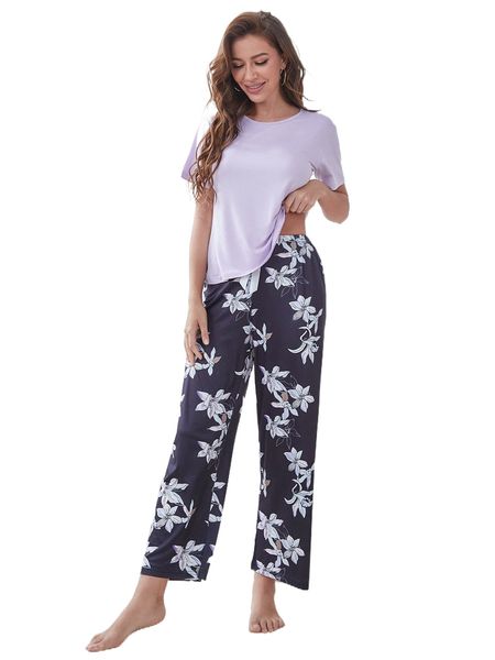 

solid tee & floral print tie front pants pj set w8pd#, Black;red