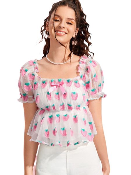 

mod strawberry pattern applique bow front peplum blouse u5a4#, White