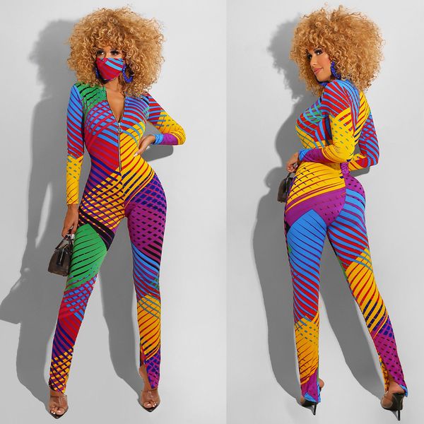 

corful print slim jumpsuits for women zipper playsuit 2020 new fashion long sleeve trouser women sport fitness romer outfit, Black;white