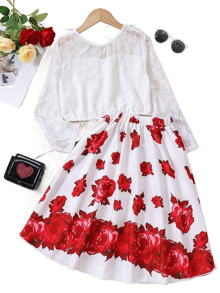 

girls cut out back blouse & floral print skirt c1fy#, Black;white