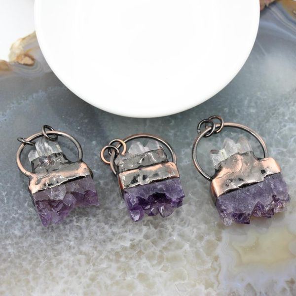 Anhänger Halsketten Natürliche Quarz Amethysten Druzy Geode Antike Messing Stil Platte Top Inlay Healing Kristall Stick Point DIY Halskette SchmuckPe