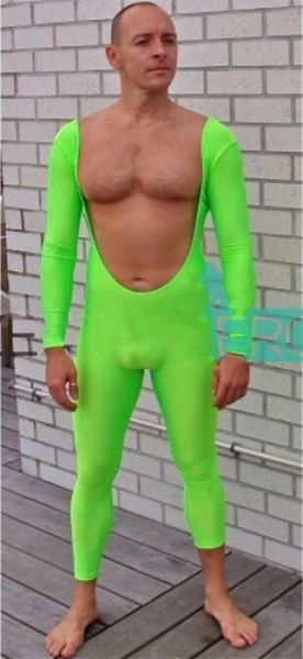 Trajes de gato sexy masculinos de cor verde lyca spandex collant zentai macac￣o