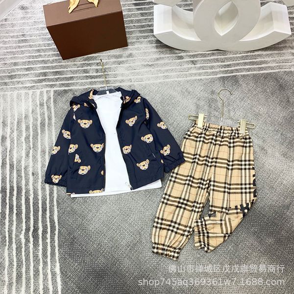 

children's men's women's submachine suit short sleeve teddy bear print hoodie suit plaid pant suit, White