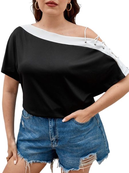 

plus asymmetrical neck contrast trim lace-up tee 341u#, Black