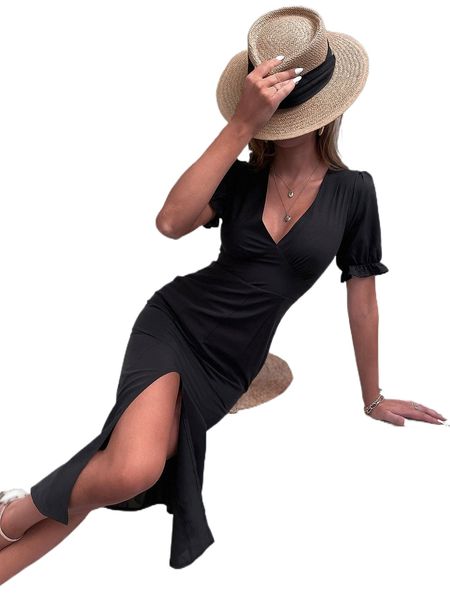 

puff sleeve split thigh dress 14jg#, Black;gray