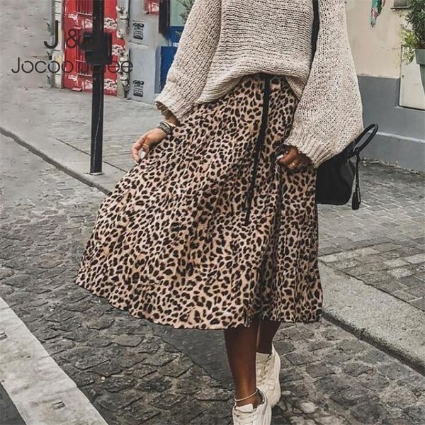 Jocoo Jolee Gonna Donna Leopard Print Pieghettato s Vintage Coulisse Vita elastica Midi s Casual Coreano A Line 220317