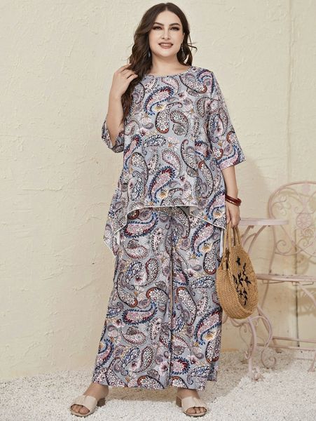 

plus random paisley & floral print asymmetric hem & wide leg pants 09xt#, Black
