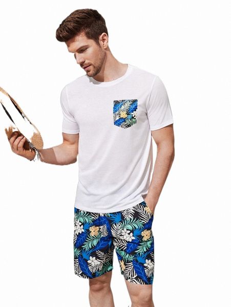 

men pocket patched tee & tropical print shorts j21f#, Gray