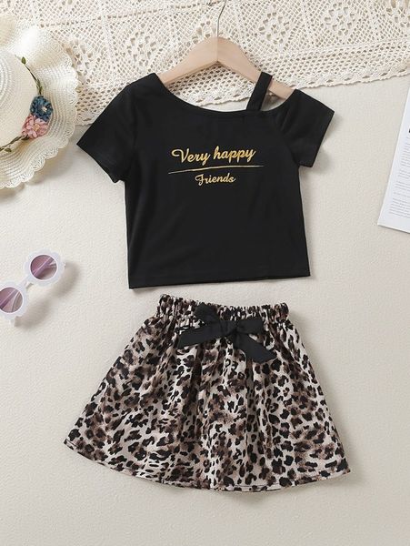 

toddler girls slogan graphic cut out tee & leopard print skirt she, White