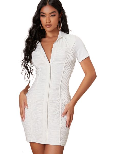 

button through ruched dress v8il#, Black;gray