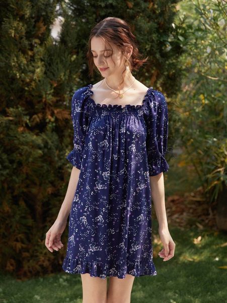 

simple retro ditsy floral knot puff sleeve ruffle trim dress f0sh#, Black;gray