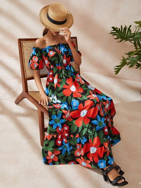 

floral print off shoulder frill trim ruffle hem dress b8q8#, Black;gray