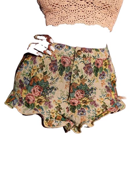 

floral print frill trim shorts s5pm#, White;black