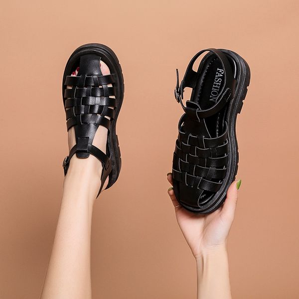 

ladies platform rome sandals 2022 summer wedge buckle casual beach sandals luxury high sports style braided strap closed toe, Black