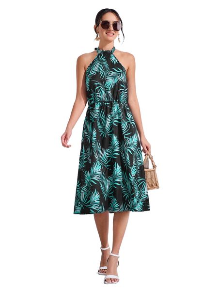 

leaf print tie backless halter dress 60n8#, Black;gray