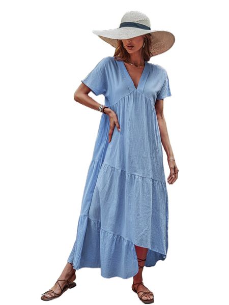

dolman sleeve ruffle asymmetrical hem smock dress i55m#, Black;gray
