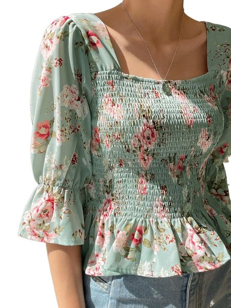 

dazy floral print shirred square neck flounce sleeve peplum blouse 91si#, White