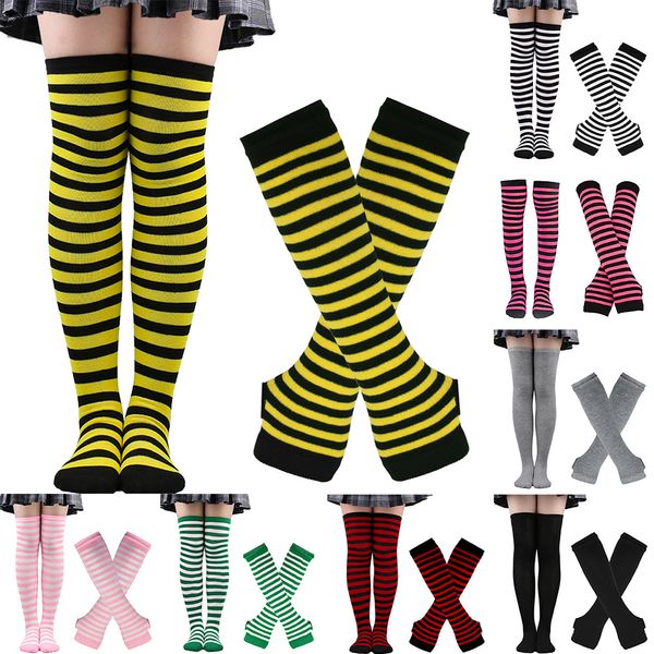 Kadın Kızlar Diz Uzun Şerit Uyluk Çorbası Kol kol eldivenleri Set tatlı sevimli artı boyutu Overknee Socks Cadılar Bayramı Noel Cosplay