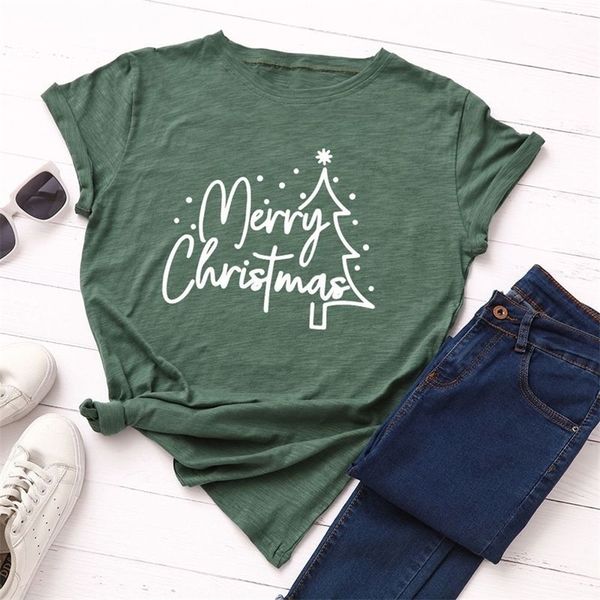 

summer cotton women t shirts fashion merry christmas tree print short sleeve graphic tee casual o-neck daily regular t shirt 220511, White
