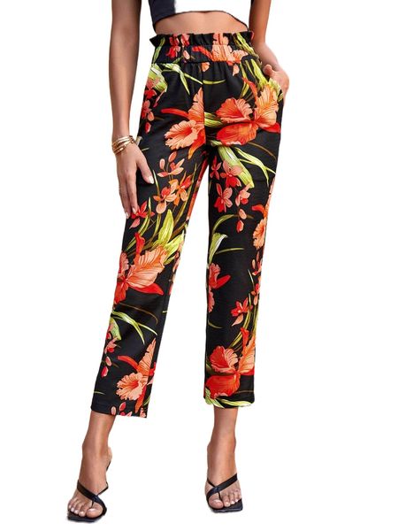 

floral print paperbag waist pants s0rt#, Black;white