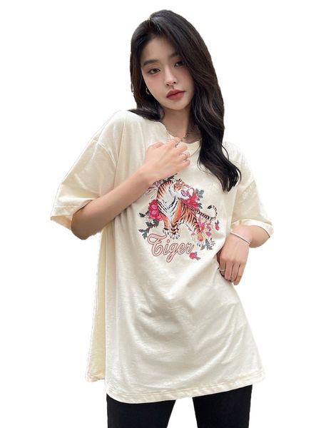 

dazy tiger & letter graphic drop shoulder tee b1tw#, White